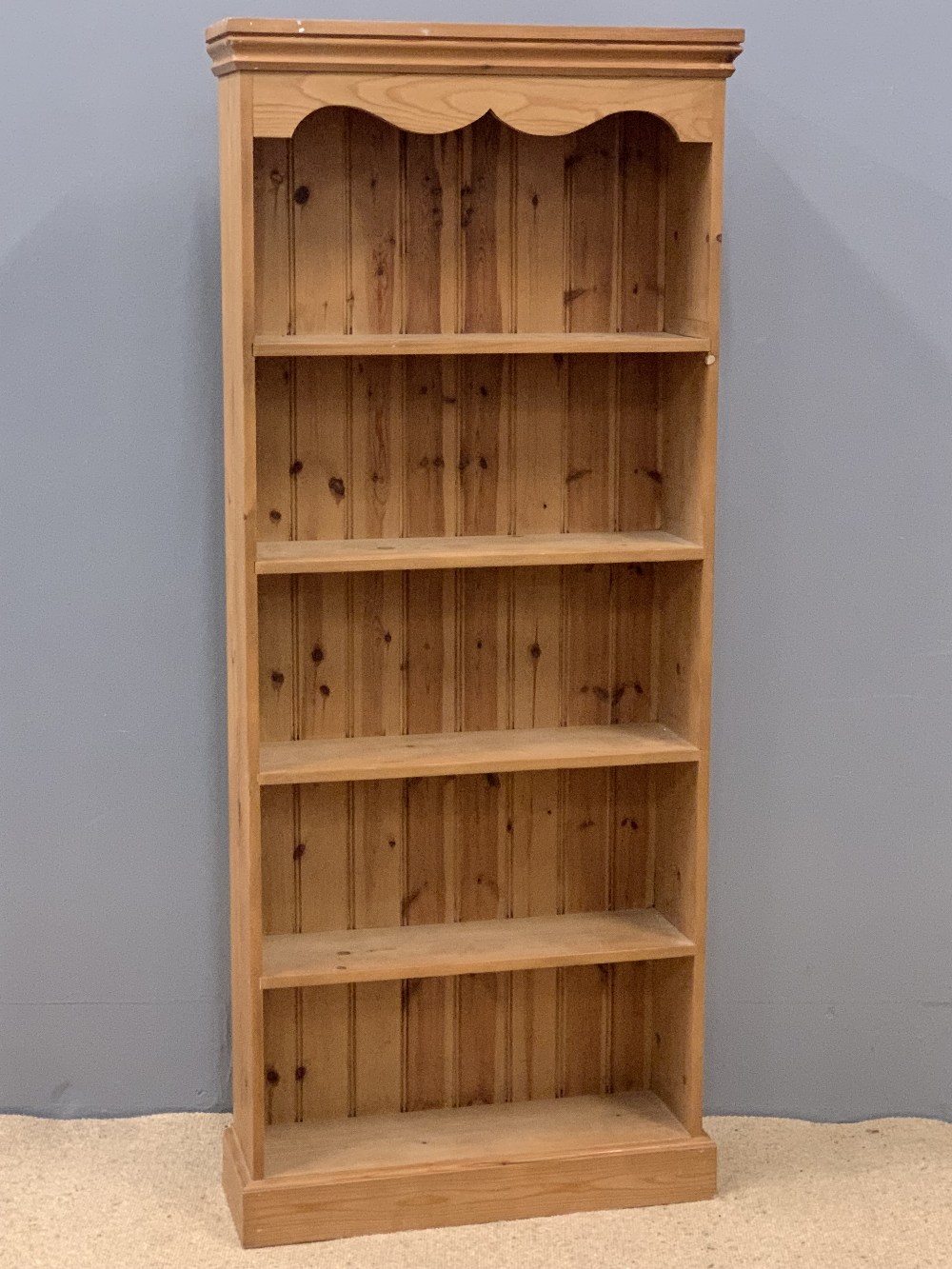MODERN PINE BOOKCASE with five open shelves and shaped coving, 183cms H, 77cms W, 24cms D - Image 2 of 4