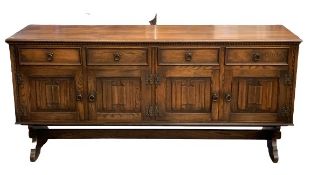 LINENFOLD OAK SIDEBOARD - four drawers over four cupboard doors, 87cms H, 188cms W, 49cms D