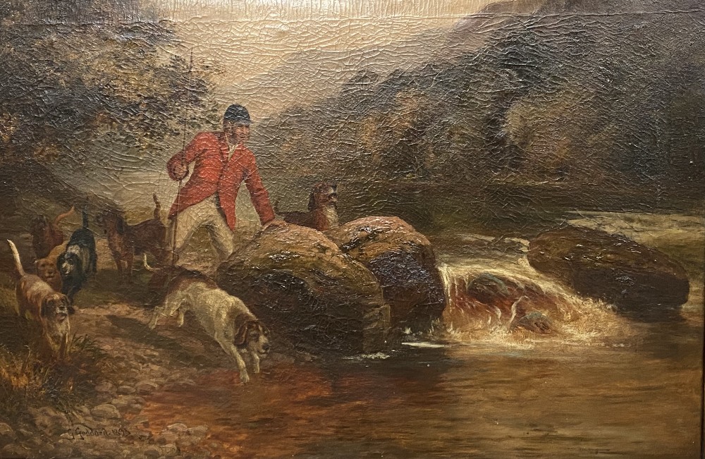 G GODDARD oil on canvas - huntsman with hounds at the river's edge, signed and dated 1893, 59.5 x