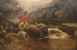 G GODDARD oil on canvas - huntsman with hounds at the river's edge, signed and dated 1893, 59.5 x