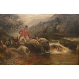 G GODDARD oil on canvas - huntsman with hounds at the river's edge, signed and dated 1893, 59.5 x