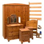 MODERN PINE BEDROOM FURNITURE to include triple wardrobe, 180cms H, 143cms W, 54cms D, chest of