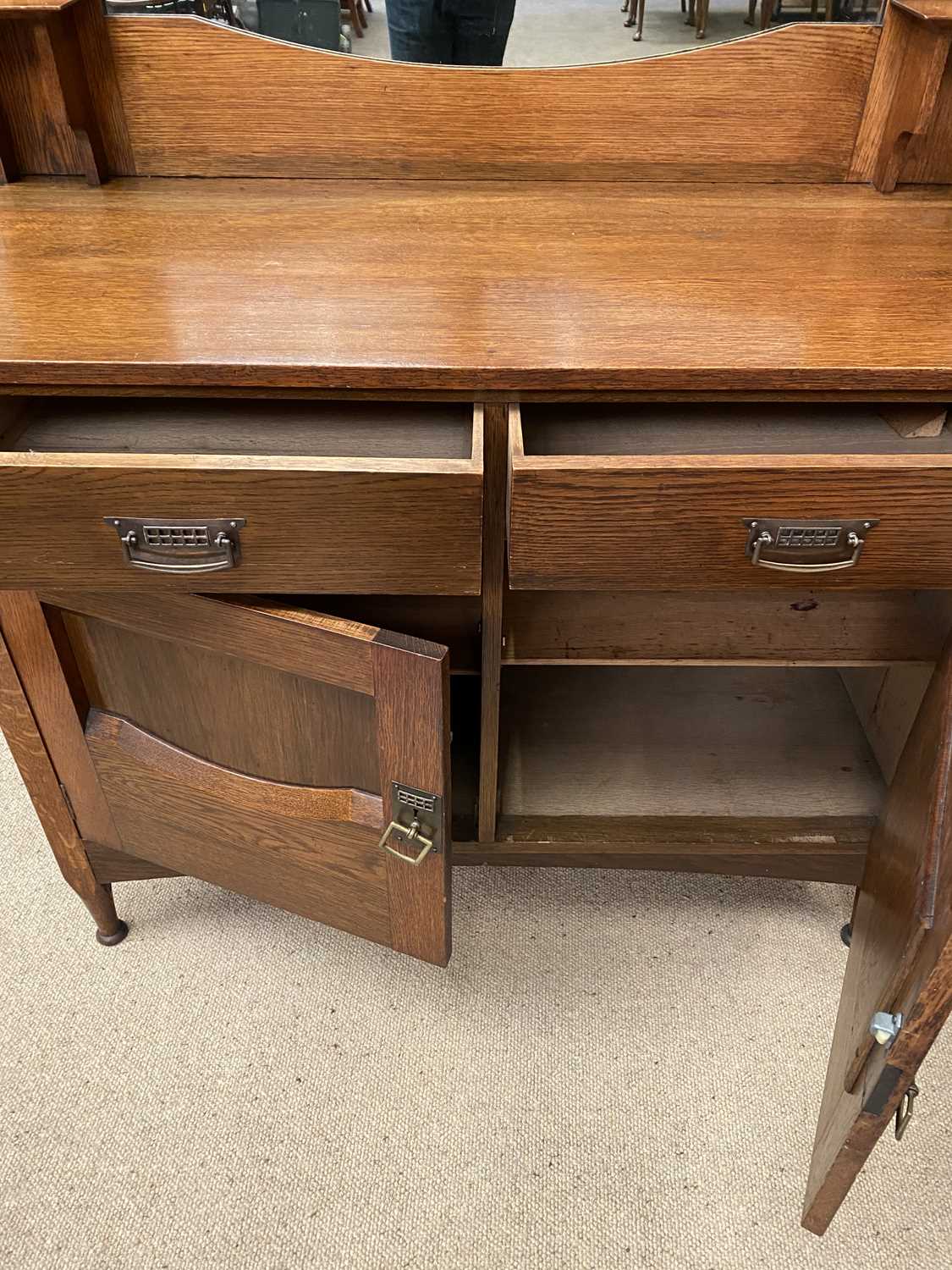 ARTS & CRAFTS OAK SIDEBOARD - the mirrored top section with copper heart and boating detail, the - Image 7 of 8