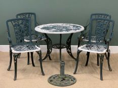 GARDEN FURNITURE - cast metal circular topped table, 90cms diameter, four carver chairs and a