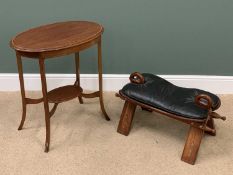 CAMEL TYPE STOOL with vinyl seat, 42cms H, 77cms W, 41cms D and a mahogany occasional table with