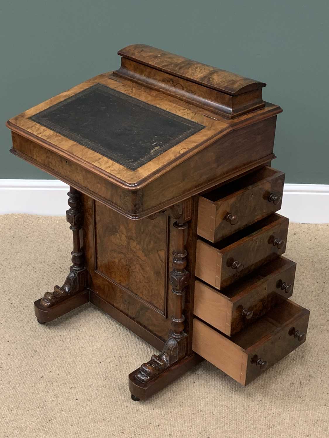 ANTIQUE DAVENPORT DESK, burr walnut and tooled top, four end drawers and carved supports, 83cms H, - Image 3 of 7