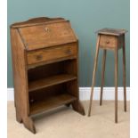 ARTS & CRAFTS STYLE POLISHED OAK BUREAU with two lower shelves and central drawer, 105cms H, 64cms