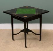 ANTIQUE MAHOGANY EBONIZED HANDKERCHIEF GAMES TABLE with baize top and lower shelf, 73cms H, 50cms W,