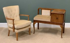 MID-CENTURY TELEPHONE TABLE/SEAT by Chippey, 72cms H, 85cms W, 41cms D and a button backed armchair