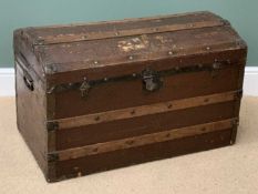 VINTAGE DOME TOPPED WOODEN TRUNK with metal banding, 57cms H, 91cms W, 52cms D