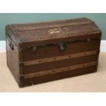 VINTAGE DOME TOPPED WOODEN TRUNK with metal banding, 57cms H, 91cms W, 52cms D