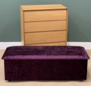 MODERN CHEST OF FOUR DRAWERS in light wood, 101cms H, 80cms W, 47cms D and a modern ottoman, 46cms