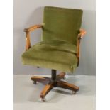 VINTAGE OAK UPHOLSTERED OFFICE ARMCHAIR, swivel, rise and fall action, in green velour upholstery,