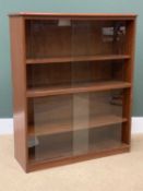 MID-CENTURY TYPE TEAK BOOKCASE having four shelves with sliding glass doors, 114cms H, 94cms W,