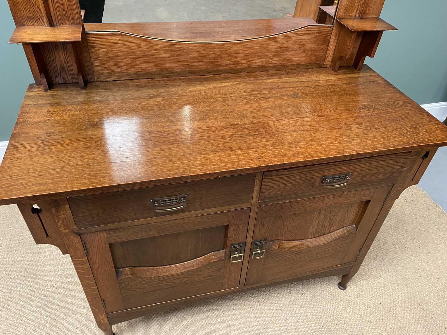 ARTS & CRAFTS OAK SIDEBOARD - the mirrored top section with copper heart and boating detail, the - Image 3 of 8