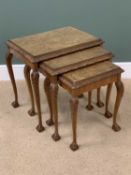 ELEGANT NEST OF THREE TABLES, in walnut, on ball and claw feet, 58cms H, 61cms W, 45cms D the