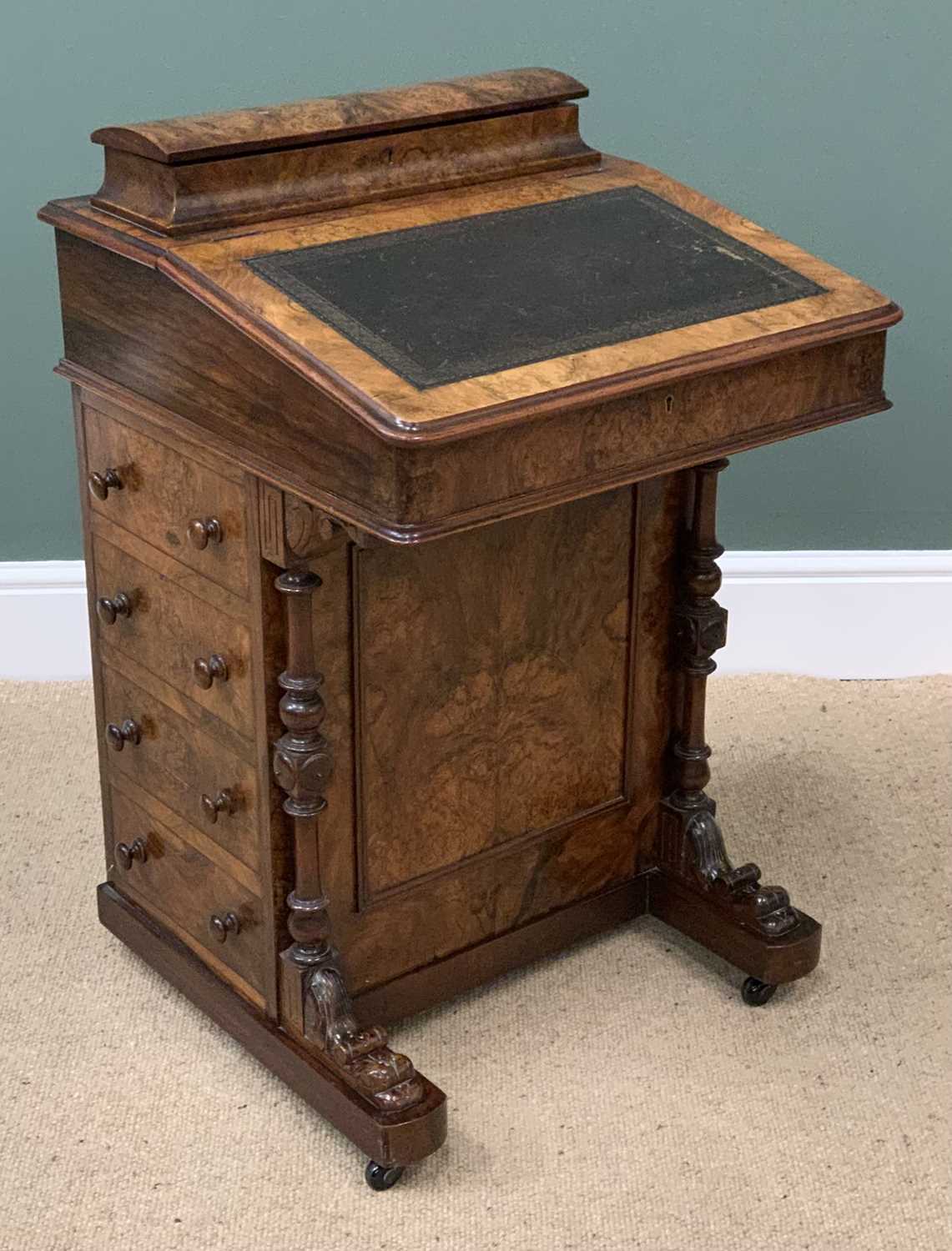 ANTIQUE DAVENPORT DESK, burr walnut and tooled top, four end drawers and carved supports, 83cms H,