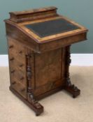 ANTIQUE DAVENPORT DESK, burr walnut and tooled top, four end drawers and carved supports, 83cms H,