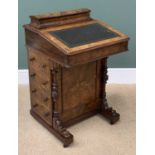 ANTIQUE DAVENPORT DESK, burr walnut and tooled top, four end drawers and carved supports, 83cms H,