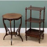 WHATNOT - reproduction mahogany with twist supports and base drawer, three tier, 91cms H, 43cms W,