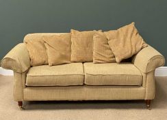 CONTEMPORARY SOFA - sand coloured with chrome rear feet and front castors, with scatter cushions,