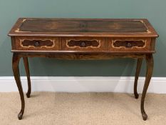 HALL TABLE - Italian style with high veneer, on serpentine supports and having three drawers,