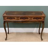 HALL TABLE - Italian style with high veneer, on serpentine supports and having three drawers,