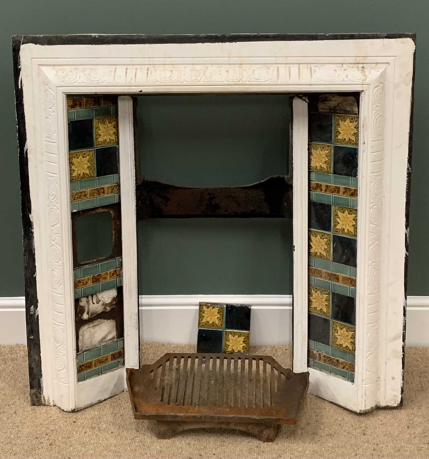 VICTORIAN CAST & TILED FIRE SURROUND with basket and grate, 97cms H, 96cms W, 20cms D