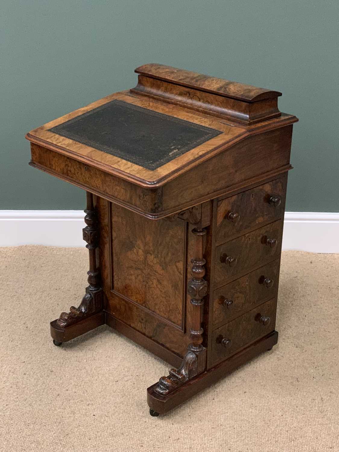 ANTIQUE DAVENPORT DESK, burr walnut and tooled top, four end drawers and carved supports, 83cms H, - Image 2 of 7