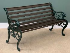 GARDEN BENCH, wooden slats having cast iron ends with lion's mask detail, 73cms H, 132cms W, 65cms