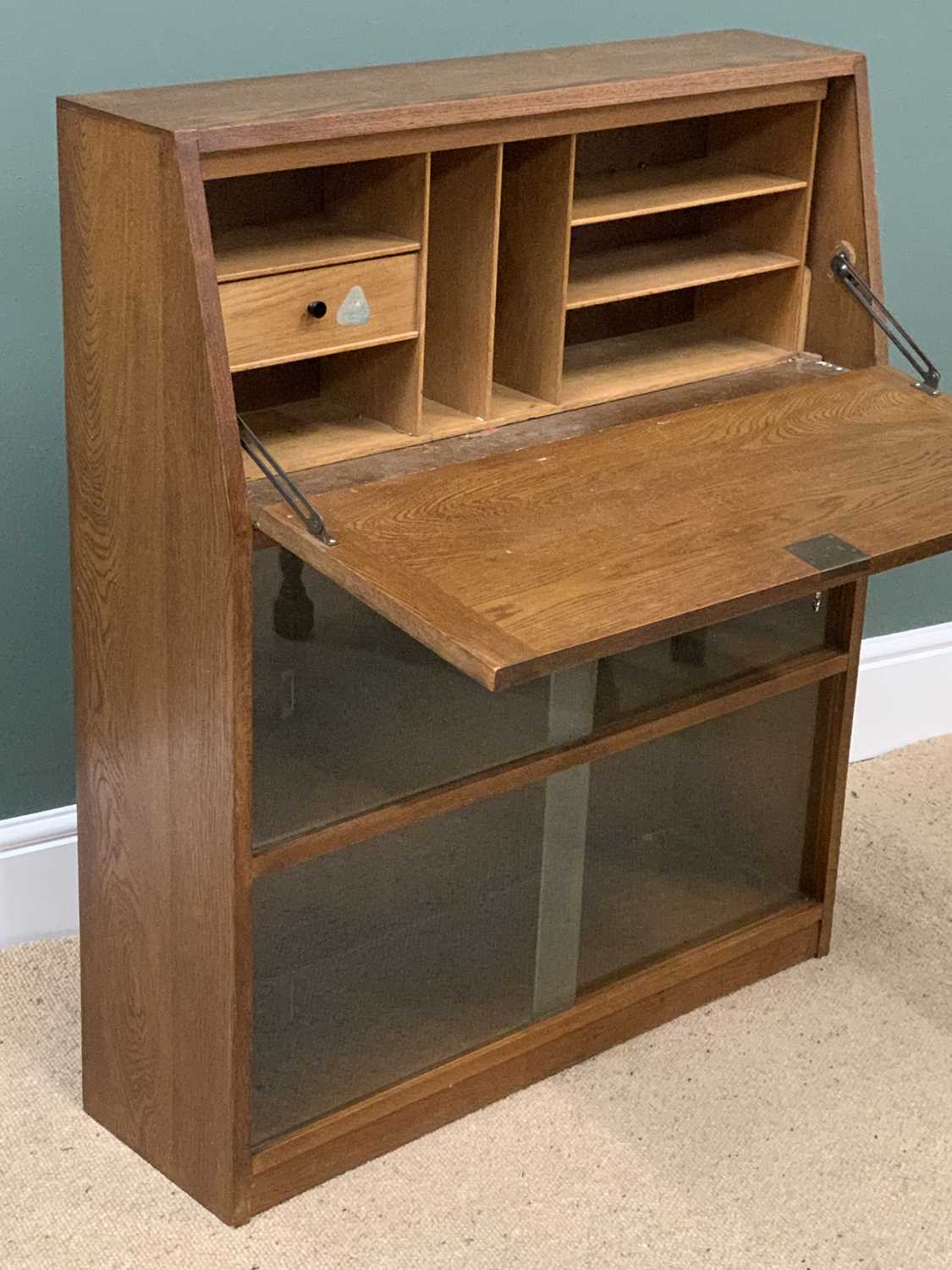 FURNITURE ASSORTMENT - polished oak drop front bureau with lower glazed doors and shelves, 100cms H, - Image 2 of 5