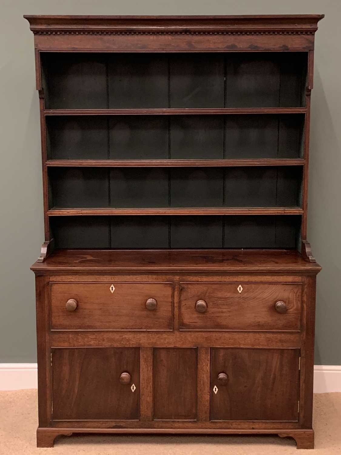 19th CENTURY OAK & MAHOGANY DRESSER, the base with two deep drawers over two cupboard doors and