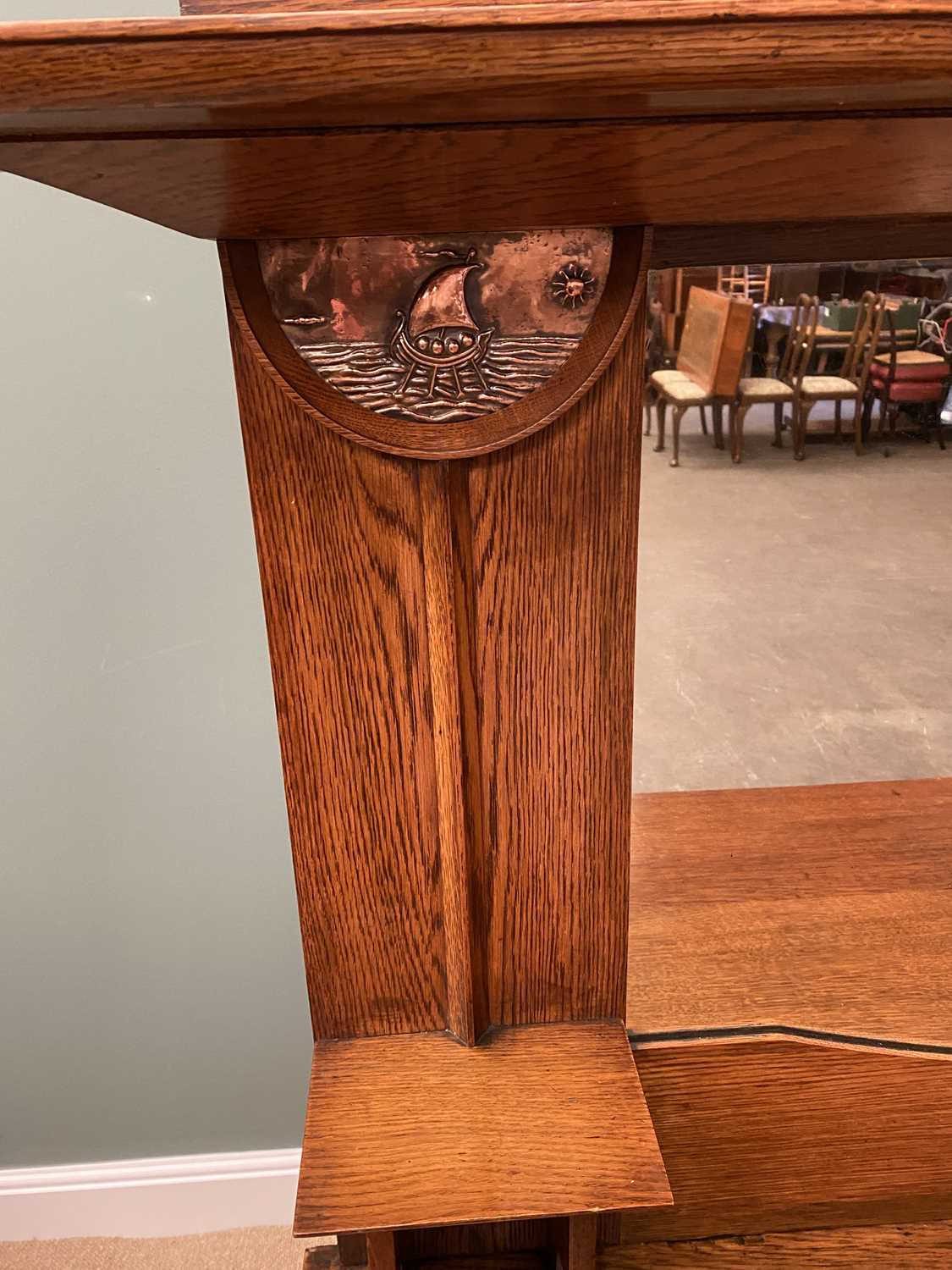 ARTS & CRAFTS OAK SIDEBOARD - the mirrored top section with copper heart and boating detail, the - Image 2 of 8