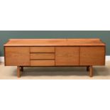 MID-CENTURY TEAK TYPE SIDEBOARD - labelled White & Newton Ltd 'Peterfield', 75cms H, 208cms W, 46cms