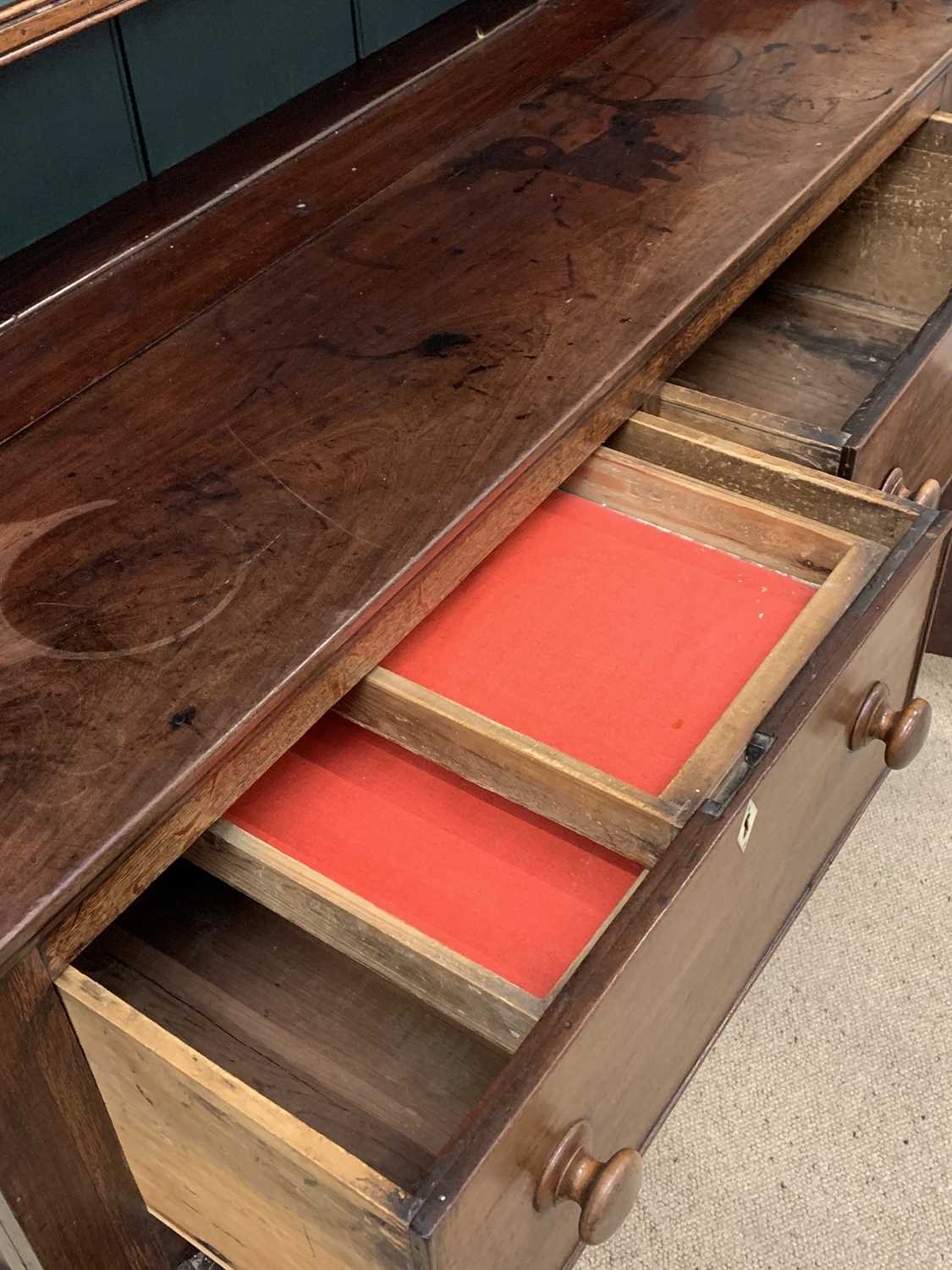 19th CENTURY OAK & MAHOGANY DRESSER, the base with two deep drawers over two cupboard doors and - Image 5 of 6