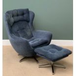 MID-CENTURY ANNE JACOBSEN STYLE EASY CHAIR & MATCHING FOOTSTOOL with swivel and sprung base,