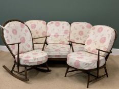 VINTAGE ERCOL THREE PIECE SUITE comprising sofa, 83cms H, 180cms W, 91cms D; an armchair, 88cms H,