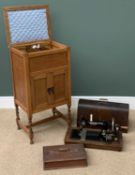 VINTAGE ASSORTMENT (3) - Pfaff cased sewing machine, antique oak entertainment cabinet on twist