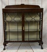 CIRCA 1900 MAHOGANY CHINA CABINET on ball and claw feet with railback and twin glazed doors,