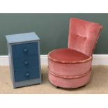 BEDROOM FURNITURE - circular based upholstered bedroom chair 73cms H, 53cms W and a painted narrow