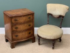 BURR WALNUT EFFECT NARROW THREE DRAWER CHEST with serpentine front and on bracket feet, 68cms H,
