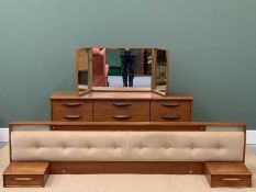 MID-CENTURY TEAK TYPE BEDROOM FURNITURE by Austin Suite comprising triple wardrobe, 215cms H, 155cms