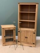 PINE BOOKCASE with three deep shelves and base cupboard doors, 183cms H, 80cms W, 40cms D and a