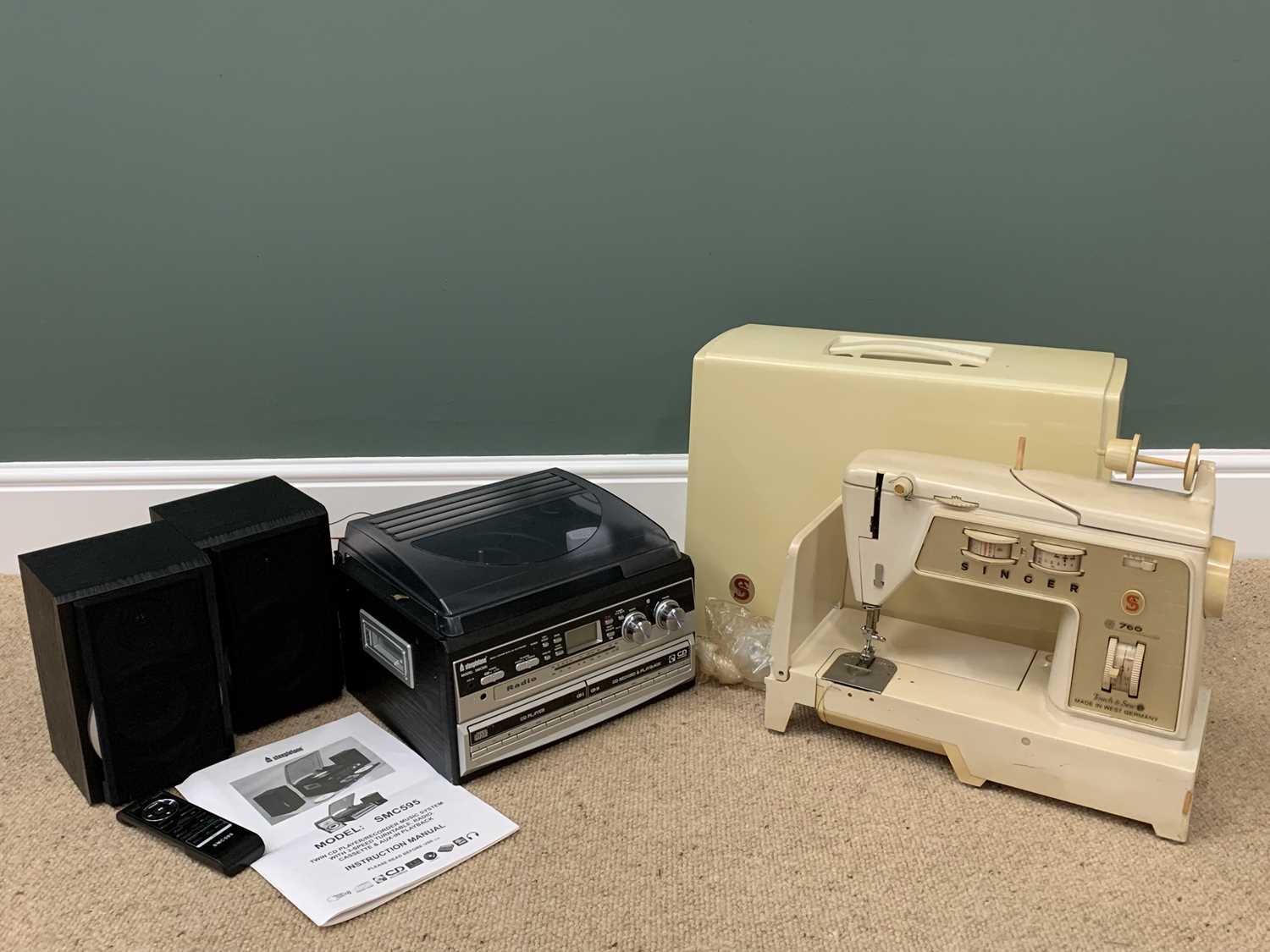SINGER 760 'TOUCH & SEW' SEWING MACHINE, in case and a Steepletone SMC595 hifi system with