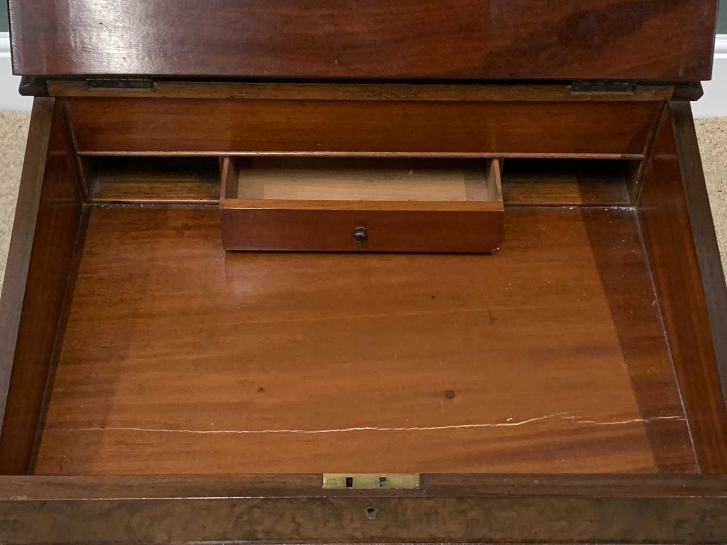 ANTIQUE DAVENPORT DESK, burr walnut and tooled top, four end drawers and carved supports, 83cms H, - Image 6 of 7