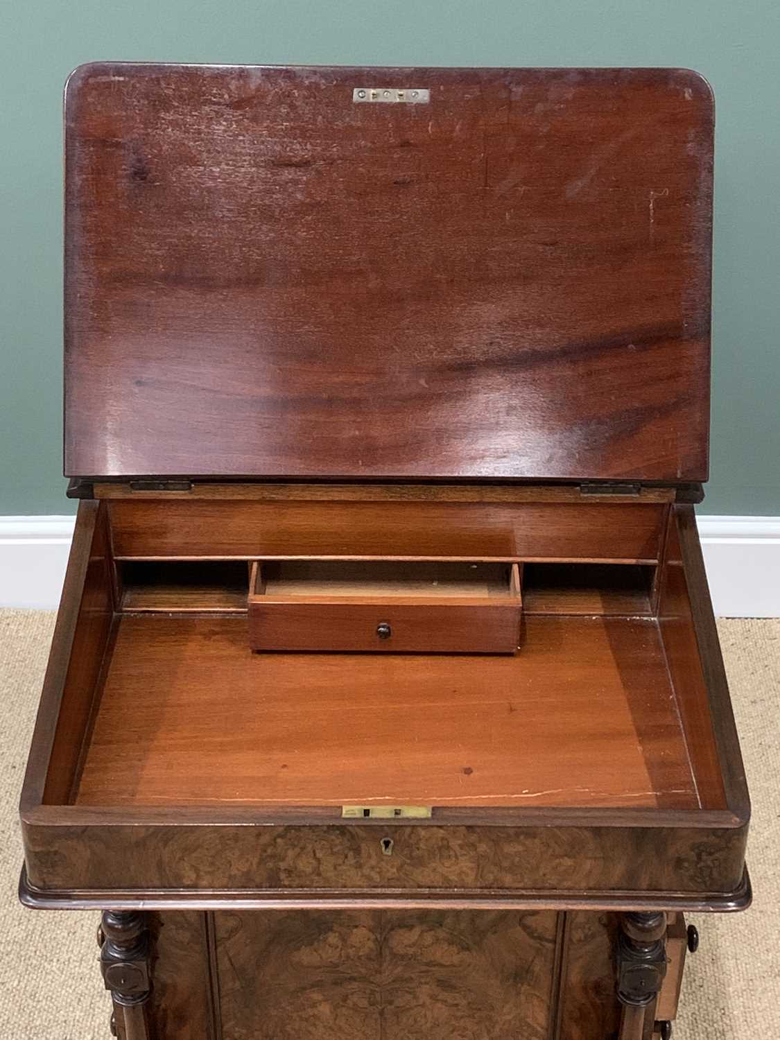 ANTIQUE DAVENPORT DESK, burr walnut and tooled top, four end drawers and carved supports, 83cms H, - Image 5 of 7