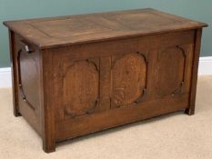 POLISHED OAK BLANKET BOX with three shaped panels to the front, 63cms H, 115cms W, 62cms D