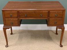 MAHOGANY KNEEHOLE DESK/DRESSING TABLE with central drawer and two small side drawers, on pad feet,