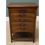 ANTIQUE MAHOGANY MUSIC CABINET having five drawers with drop down front and lower shelf, 78cms H,