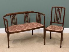 ANTIQUE SALON COUCH & CHAIR, inlaid mahogany with upholstered seats, the couch 74cms H, 107cms W,